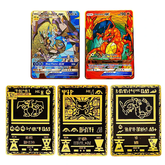 5PCS Pokemon Iron Cards Golden Metal Pokemon Shiny Letters Pikachu Mewtwo  Charizard Vmax Game Collection Card Anime Metal Gifts