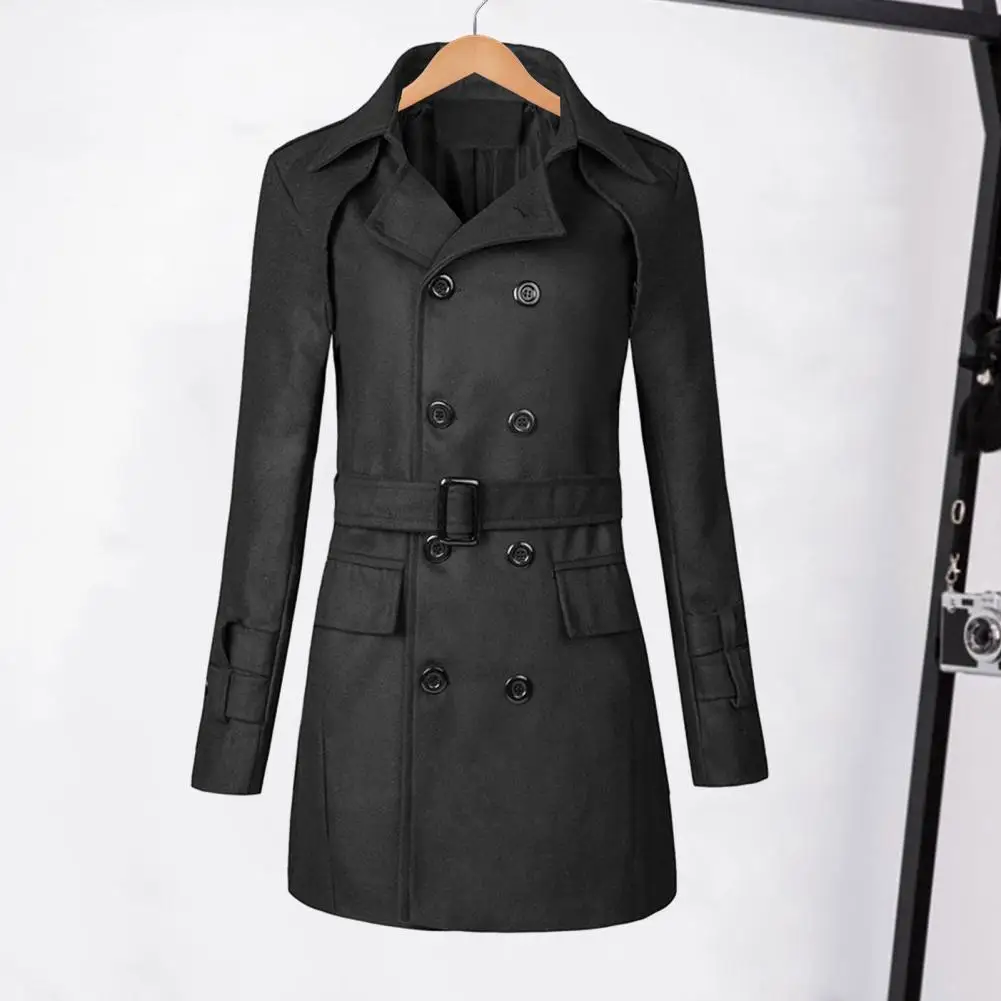 

Belt Woolen Jacket Stylish Men's Double Breasted Woolen Jacket with Lapel Pockets Belt for Autumn Winter Business Casual Attire