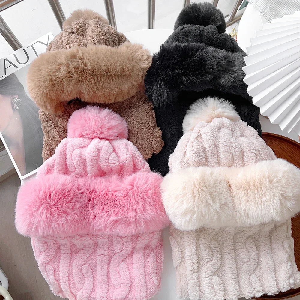 Winter Knitted Hat Scarf Mask One-Piece Plush Pompom Beanies for Women Fleece Lining Warm Bonnet Ears Neck Protection Skiing Cap 4
