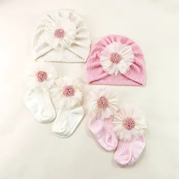 2pcs/set Newborn Elastic Turban Hat set Baby Girls Bow Cap Socks Set Baby Accessories Short Tube Sock Infant Indian Caps 1