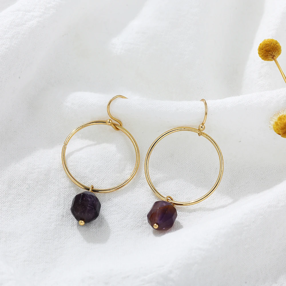 Punk Purple Natural Stone Crystal Circle Hoop Earrings Gold Plated Big Round Huggies Ear Hoops Everyday Versatile Jewelry Bijoux