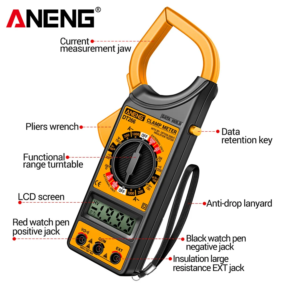 2000MΩ 고저항 디지털 클램프 미터 멀티미터 ANENG DT266-8 AC/DC 전압 60mm/2.36인치 대형 케이블 클램프 AC 전류 측정
