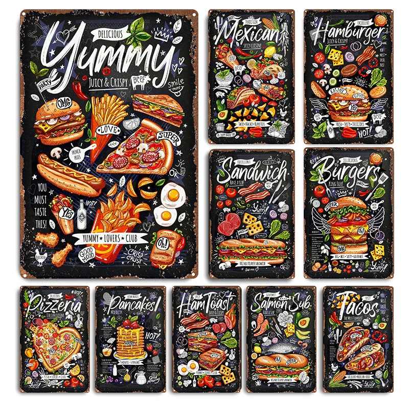 Metal Food Tin Sign Poster Hamburger Sandwich Pizza Vintage Yard Garden Wall Art Piatti Cucina Ristorante Coffee Shop Decor