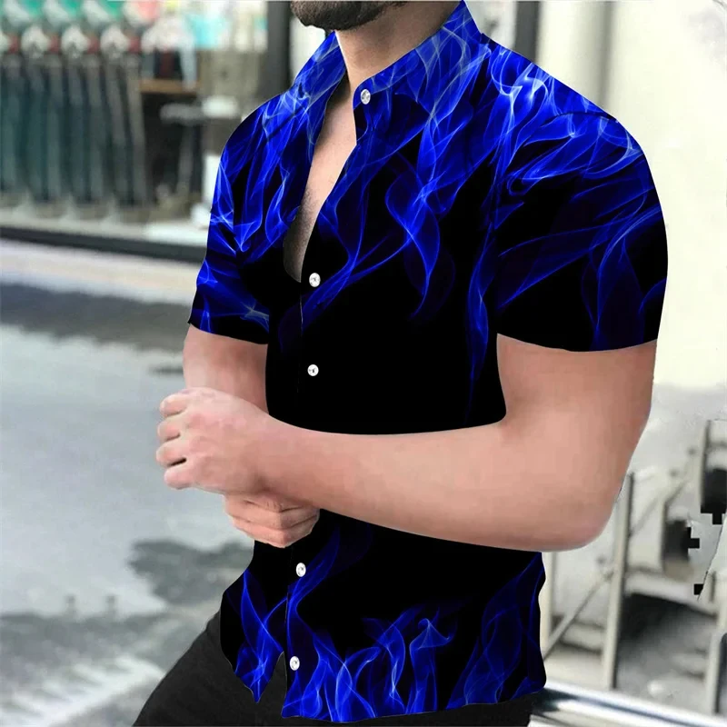 

Рубашка мужская оверсайз с коротким рукавом, модная блуза с 3D принтом многоцветного пламени, Повседневная Уличная одежда с пуговицами и лацканами