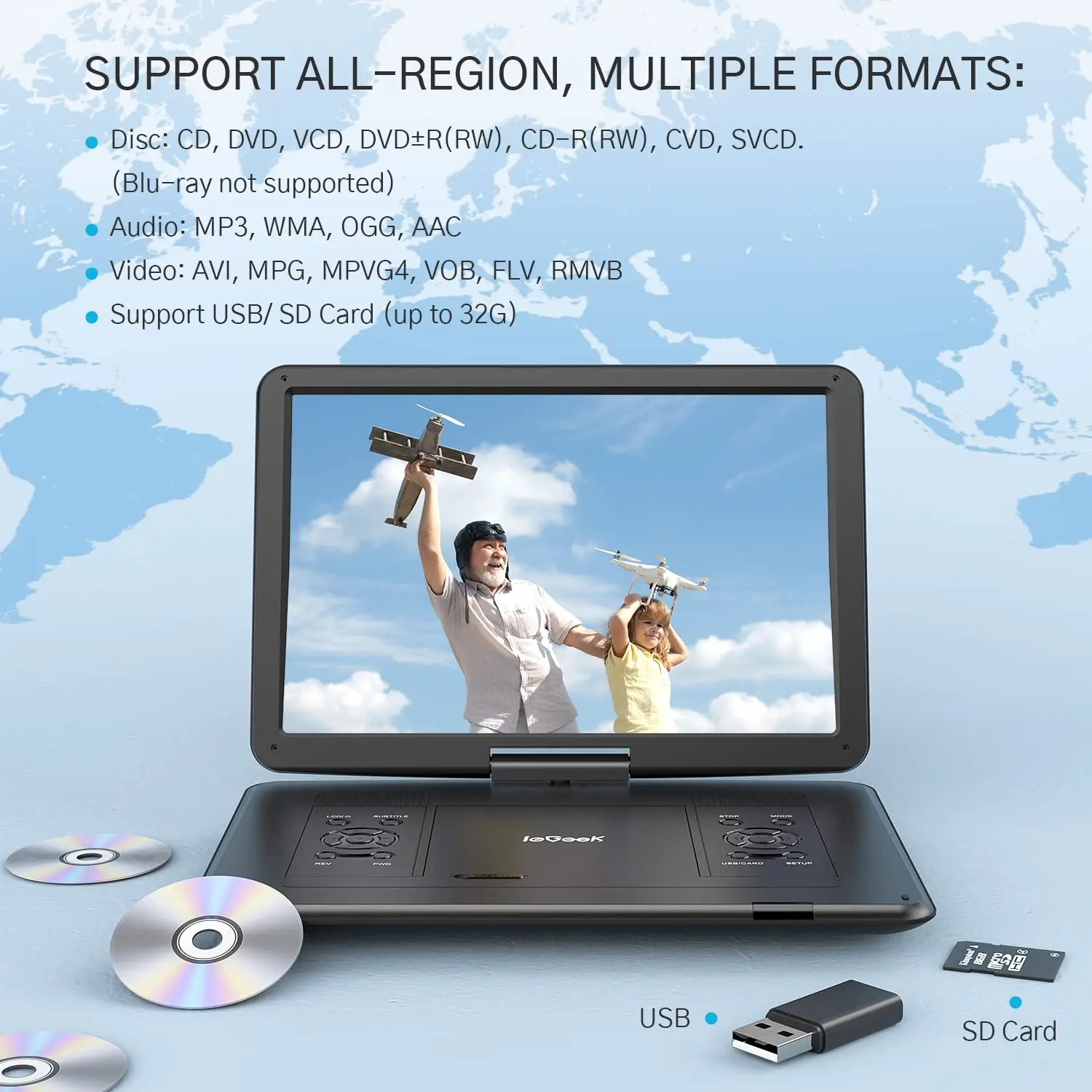 ieGeek 17.5" Portable DVD Player with 15.6" Swivel HD Large Screen, 6 Hrs 5000mAH Rechargeable Battery, USB/SD Card/Sync TV