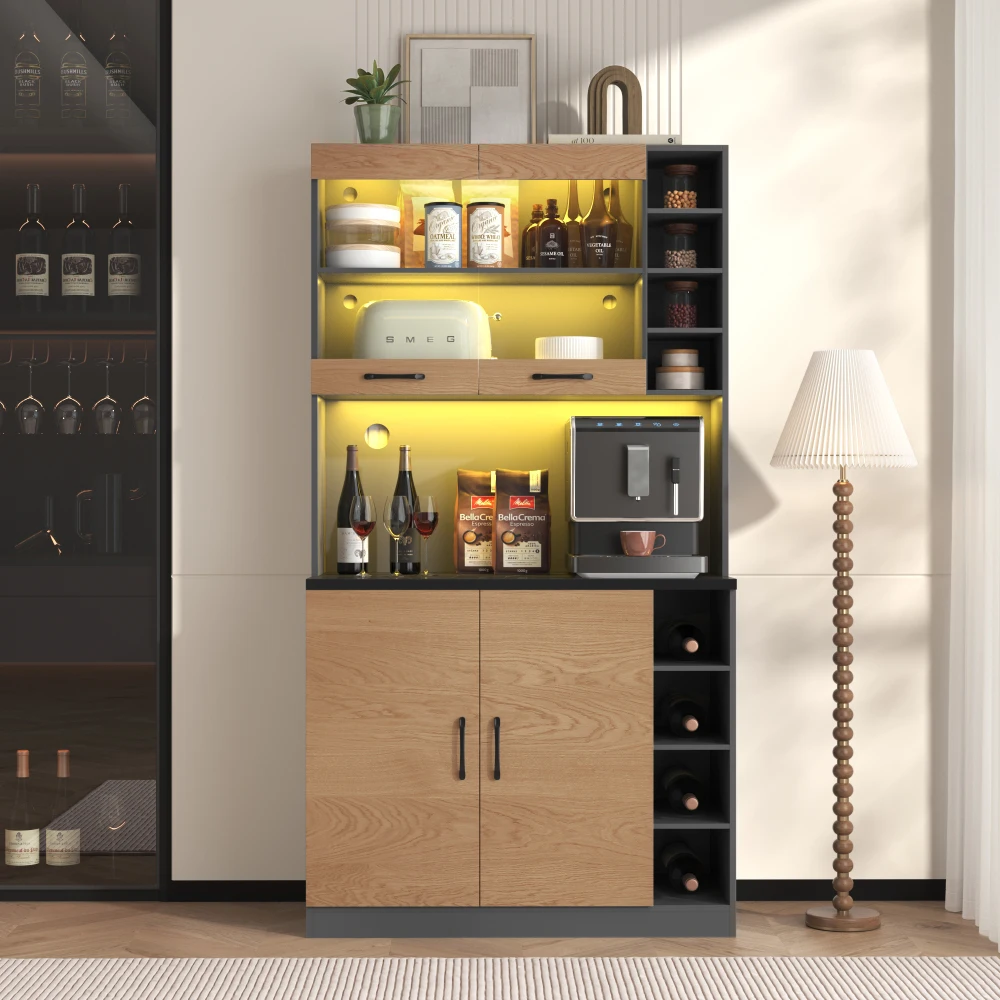 Küchenschrank, Buffet mit LED-Umgebungsbeleuchtung und Kabellöchern, Küchen-Highboard, höhenverstellbare seitliche Aufbewahrungsfächer – Detail 20