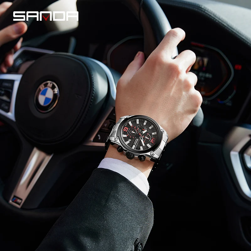 SANDA New Genuine Luxury Men Quartz Watches 2023 Fashionable Multifunctional Three-Eye Six-Needle Dial Waterproof Men Watch 5305
