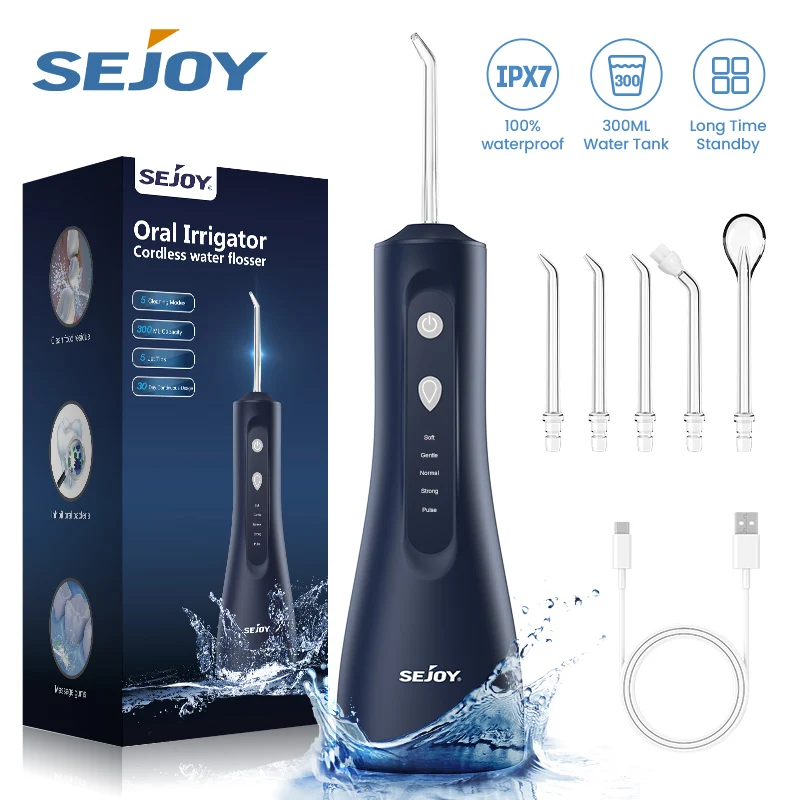 Sejoy Oral Irrigator Cordless Water Flosser for Teeth Cleaning Denture Brushes for Home Travel 5 Dental Tips IPX7 Portable