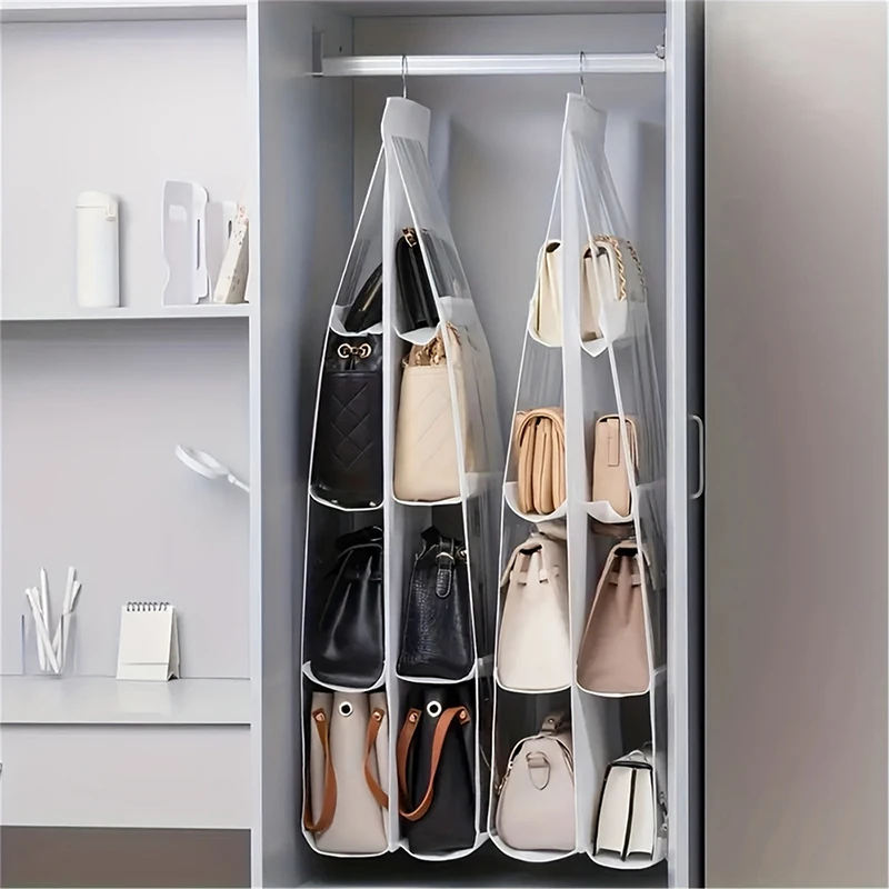 6/8 Pockets Black Foldable Oxford Cloth Handbag Hanging Organizer Closet Bedroom Family Wardrobe Handbag Storage Bag