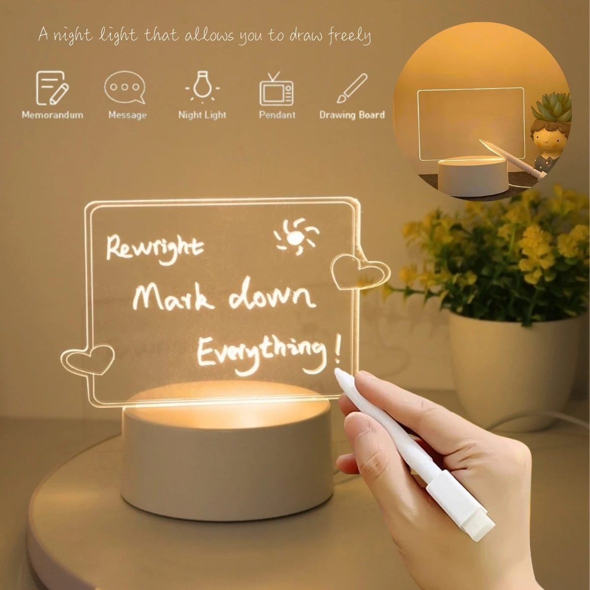 창의적인 3D 나이트 라이트, 지울 수 있는 사랑의 나이트 라이트 (펜 포함), USB 메시지 나이트 라이트, 생일 선물, 침실, 거실, 서재용