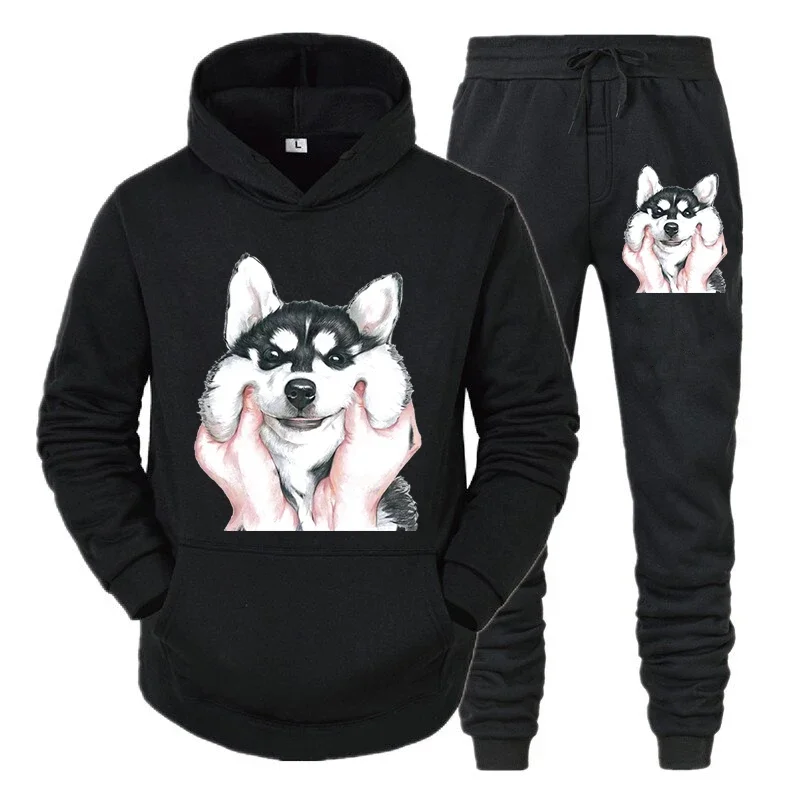 thumbnail image 1 of Conjunto deportivo divertido y bonito con estampado de husky para hombre, sudadera con capucha y pantalones de manga larga estilo callejero Y2K, conjunto de 2 piezas con capucha de perro y animal de a, 1 of 4