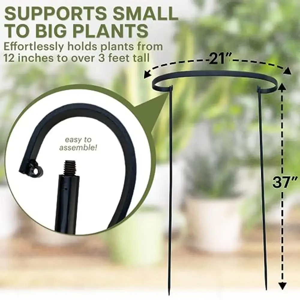Plant Support Stake 36" Tall Metal Circle Design Peonies Hydrangeas Roses Weatherproof Black Set of 2