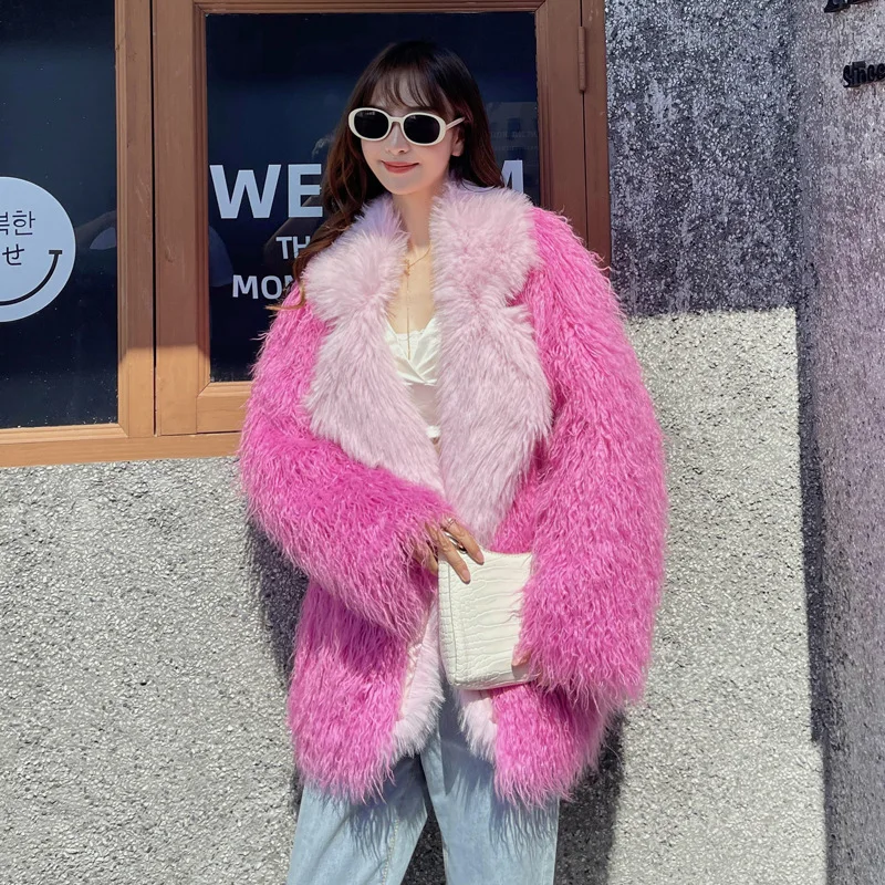 Winter New Women Faux Fur Coat Imitated Tibet Sheep Fur Mid-Length Toka Lapel Outwear Fashion Patchwork Warm Lamb Wool Outcoat