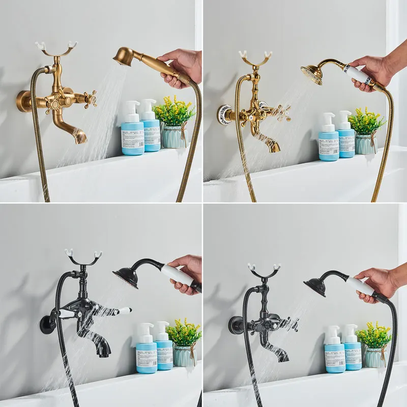 Antique Brass Wall Mounted Bathtub Faucet Brass Telephone Style Bath Shower Tap Waterfall Swivel Spout Dual Handle Tub Mixer bathtub faucet