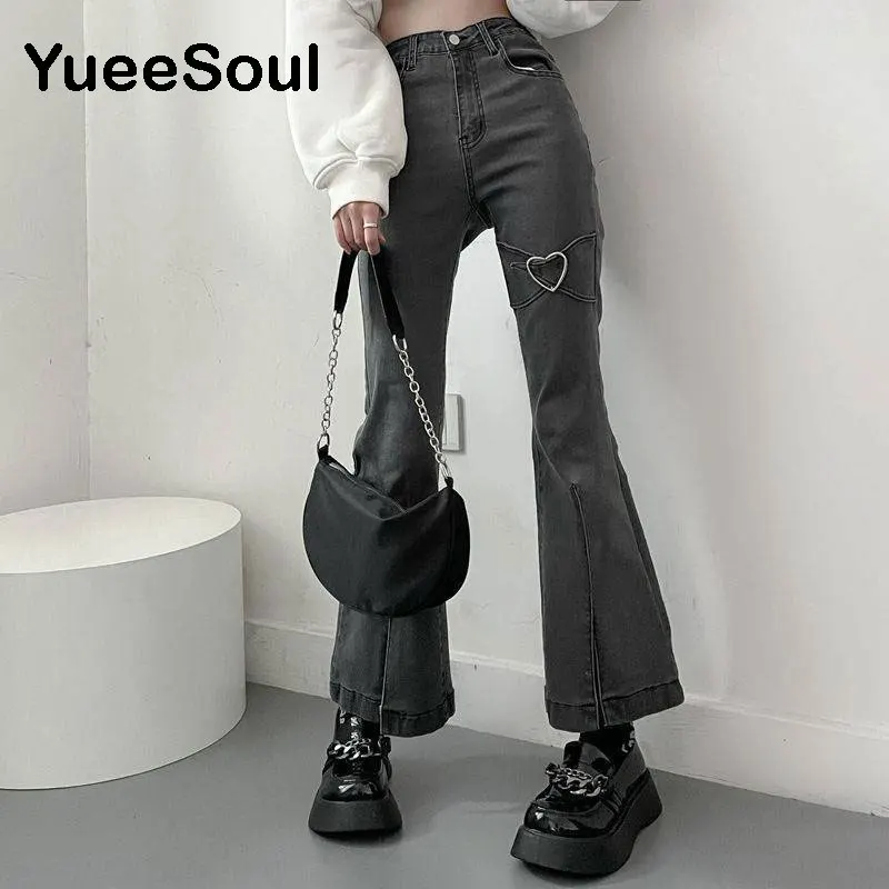 Love Metal Gray Women Jenas High Waist Flares Pants 2022 New Fashion Y2K Vintage Cute Sweet Casual 2000s E girl Female Clothes