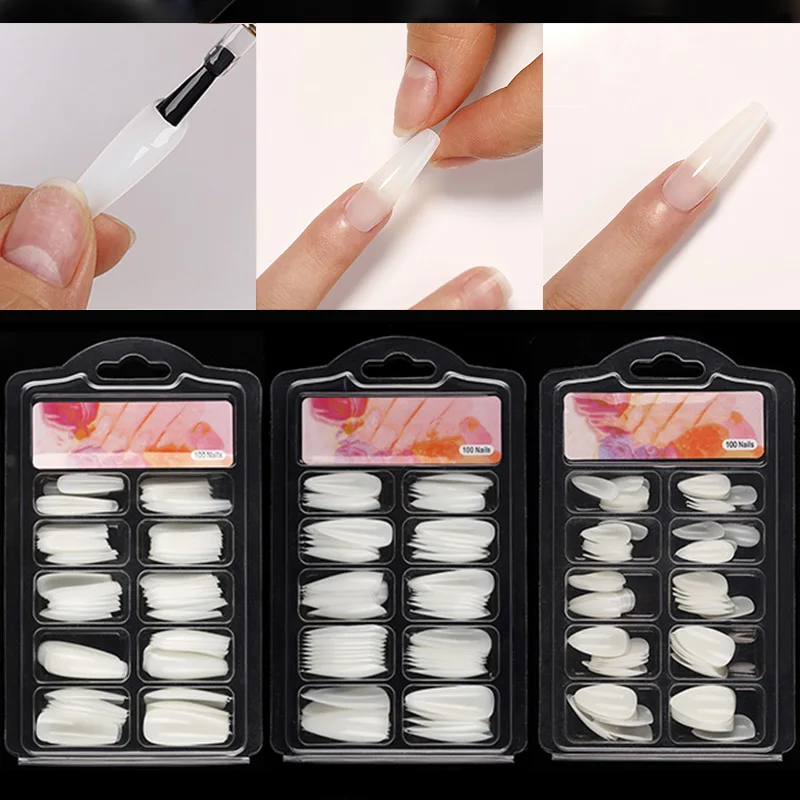 Fake Nails 100pcs/box Natural Clear White Full Coverage Extension T-shaped Water Drop Full Sticker