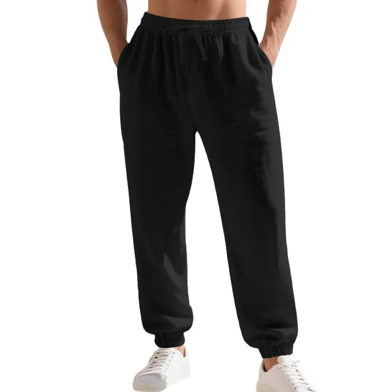Mens Linen Casual Wide Leg Pants High Elastic Waist Solid Color