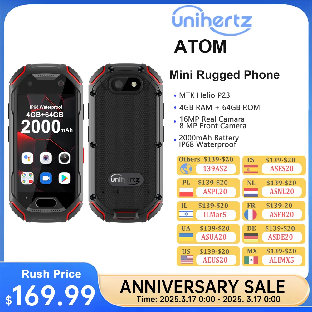 Unihertz Atom Small Rugged Smartphone, 4GB, 64GB Cellphone, P23, 16MP, 4G, 2000mAh Battery, 2.45 “Mobile Phone for Spare Phone