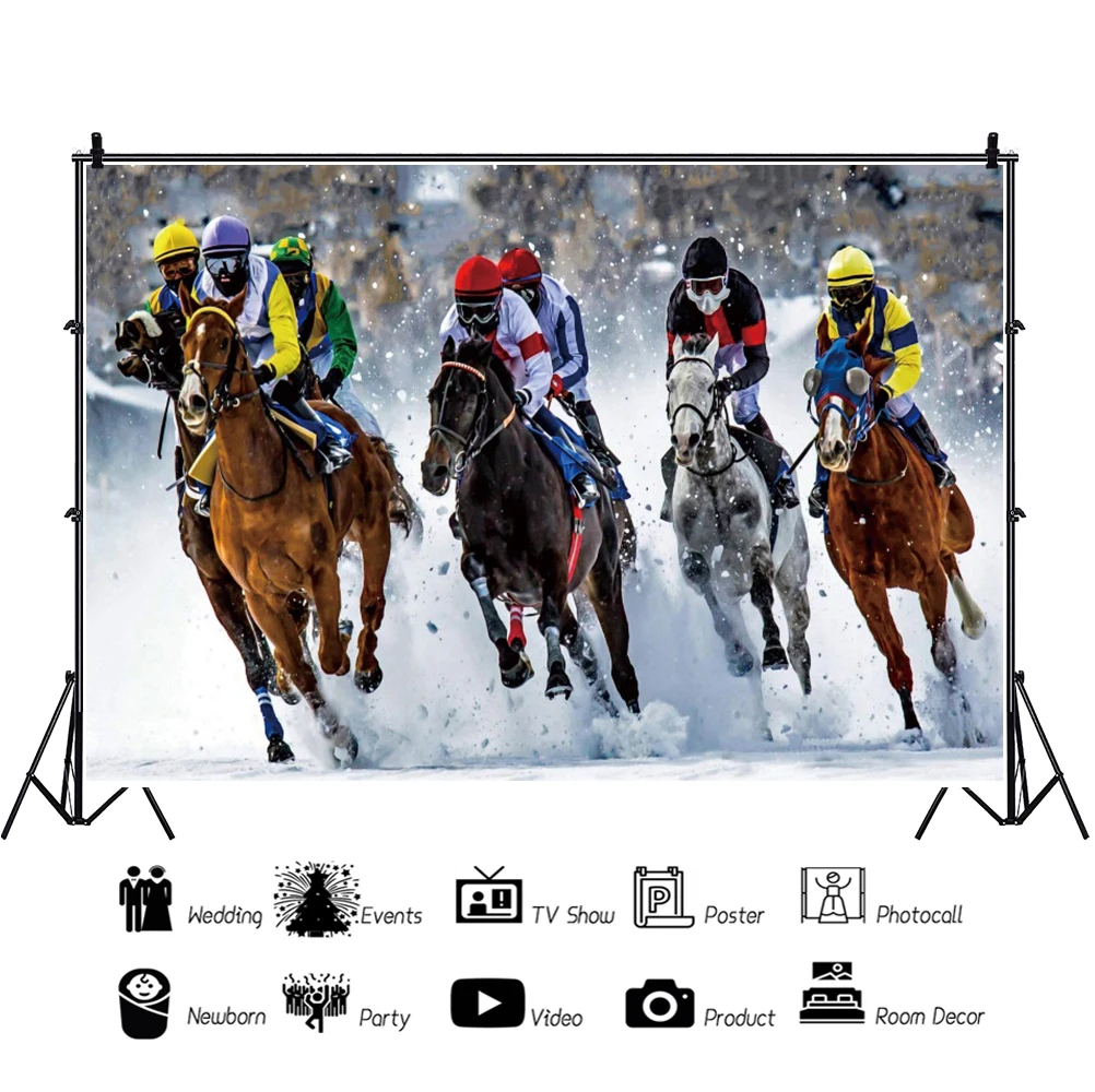 Laeacco Horse Racing Activity Backdrop Winter Snow Race Course Photocall Kids Adult Portrait Customized Photography Background