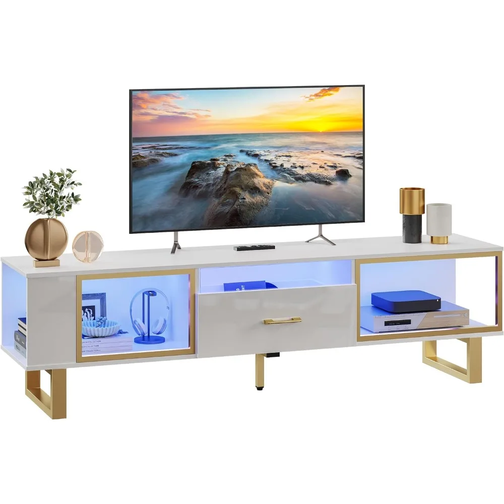 

Bestier TV Stand with LED Light for TVs up to 80 inch, Modern Entertainment Center with Open Storage and Half-Glass Design