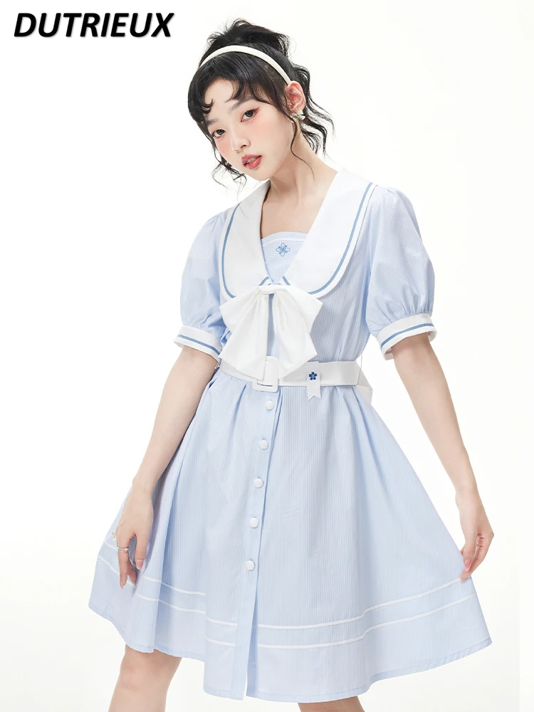 

Sweet Round Neck Blue Stripe A-line Mid-length Dress Cute Fairy Short Sleeve Slimming High Waist Bow New Women's Dresses