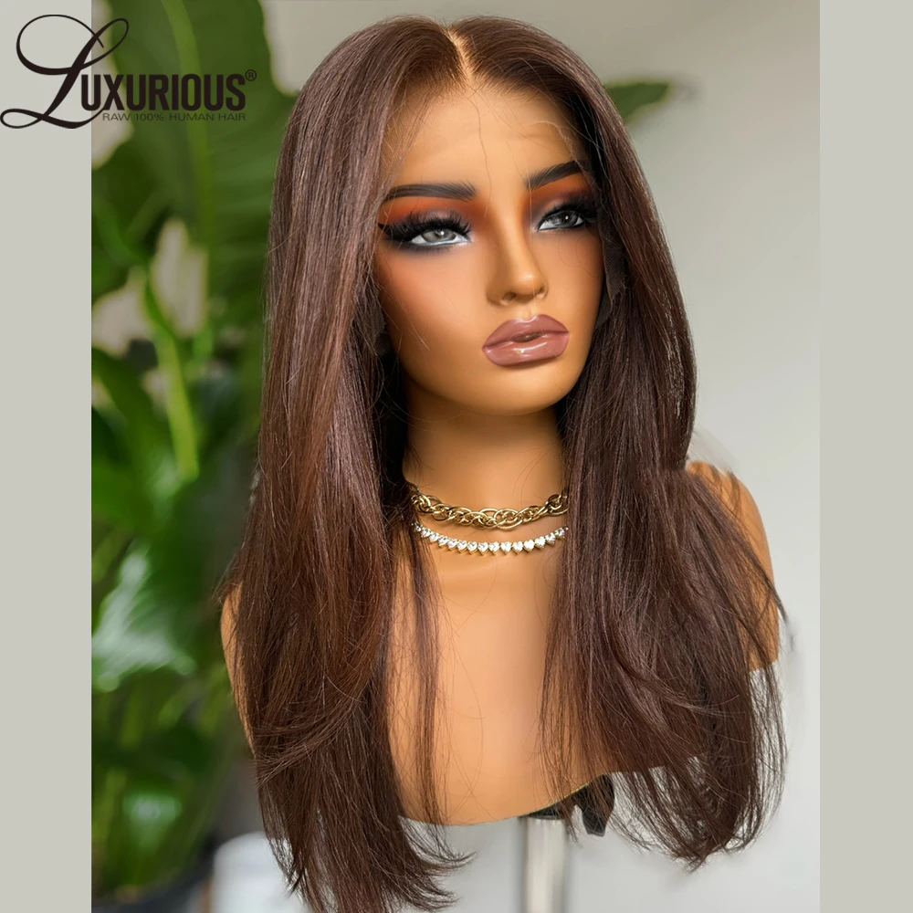 Layered Pre Cut Lace Front Wig Pre Plucked Brazilian 13x4 Lace Frontal Human Hair Wigs For Women Chestnut Brown Colored Wig 180%