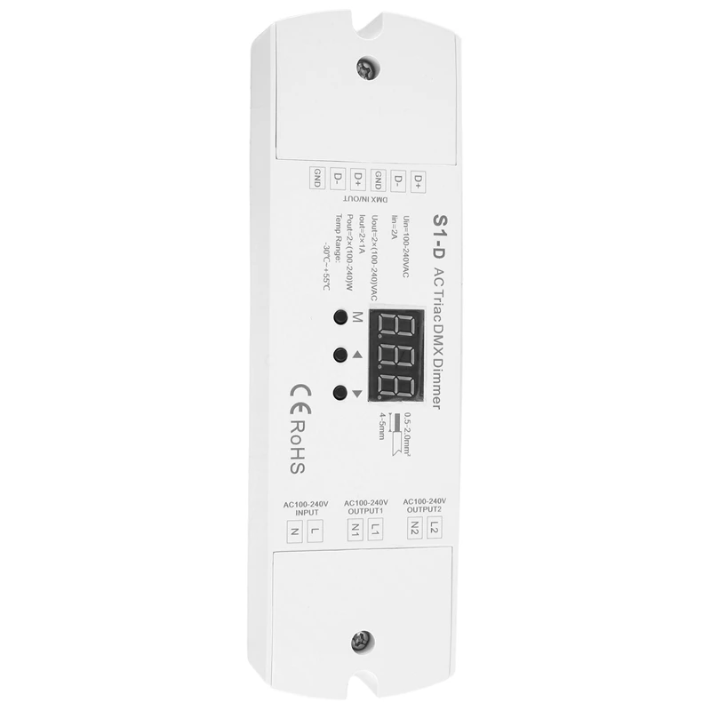 AC100V-240V 288W 2CH Triac DMX LED Dimmer Dual Channel Output Silicon DMX512 Led Controller Digital Display S1-D White