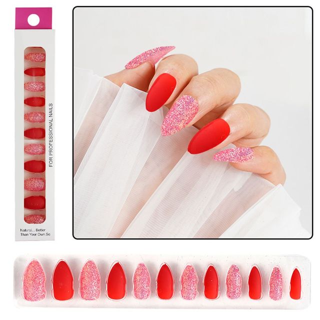 Matte False Nails Nail Art Fake Nails Gel Tips Full Cover Teardrop Shaped Artificial Press Nails Glitter Powder Fake Nails