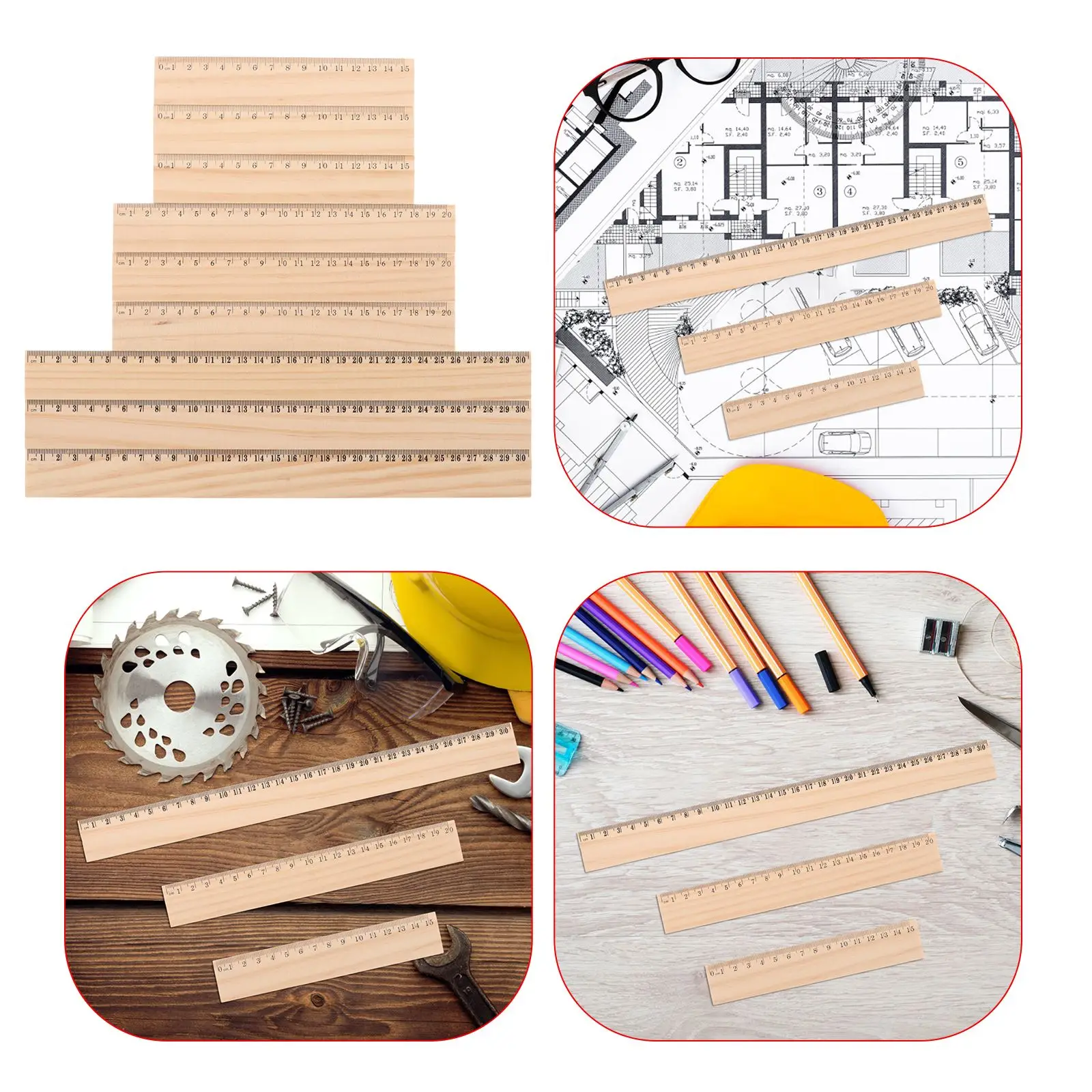 Wooden Ruler Set Straight Edges Rulers Measuring Tools Drafting Supplies Learning Aids Office Accessories 9 Pcs ruler set