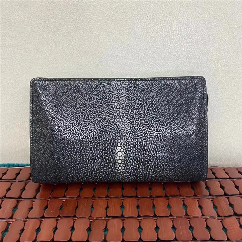 

Authentic Sand Polish Stingray Skin Businessmen ZIP Passcode Wristlets Bag Genuine Exotic Leather Male Black Card Clutch Purse