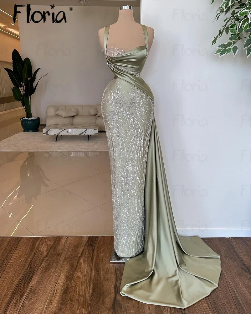 

Элегантное зеленое платье-футляр с боковым шлейфом, вечерние платья на бретелях-спагетти с бусинами, деловые платья для выпускного вечера, платье знаменитости