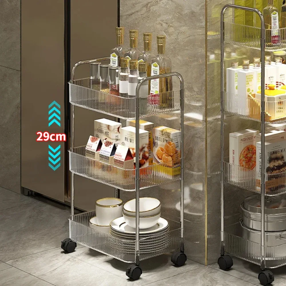 4 Tier Transparent Rolling Cart with Hanging Basket Mobile Kitchen Storage Racks Acrylic Bookshelf with Wheels Trolley Storage