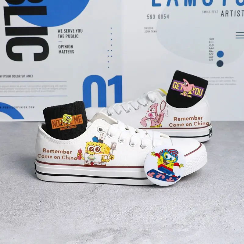 SpongeBob SquarePants white black Low Top Canvas For Men And Women Small White Summer Couple Breathable Board Shoes 3