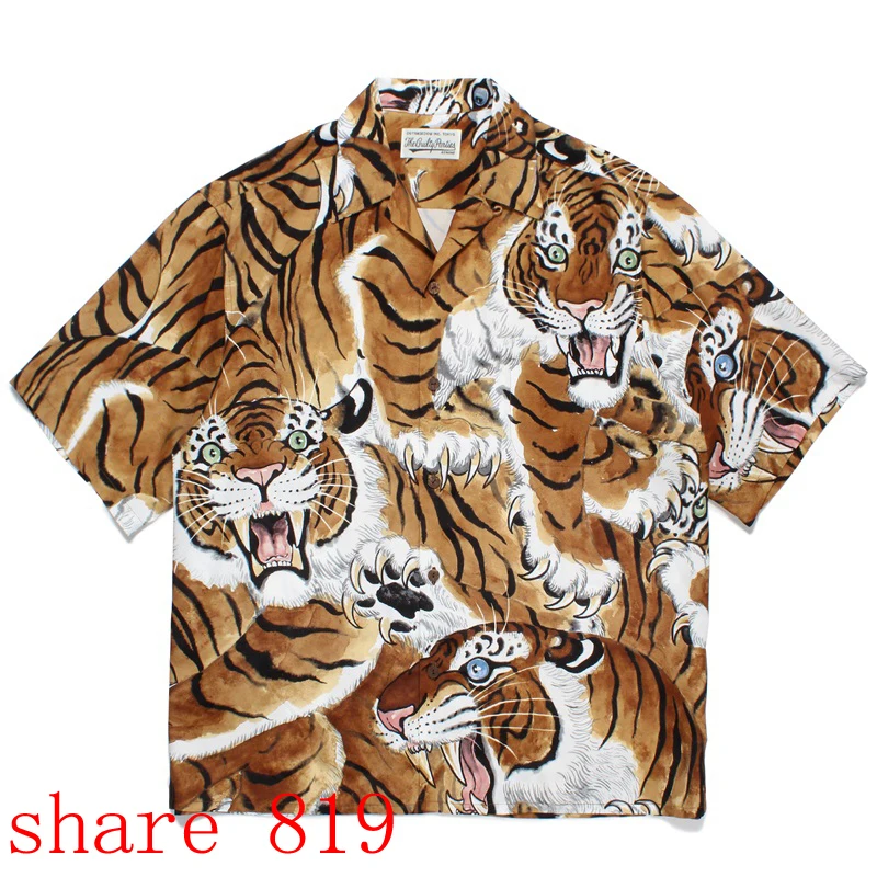 

Oversize Yellow Roar Tiger Print WACKO MARIA Short Shirt Men Women Top Versions Hawaii Beach T-Shirt Japan