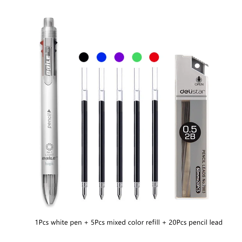 6-in-1-Multifunktionsstift, 0,7 mm Kugelschreiber, 5 Farben und 0,5 mm Druckbleistift in einem Stift für Schulbürobedarf – Detail 14