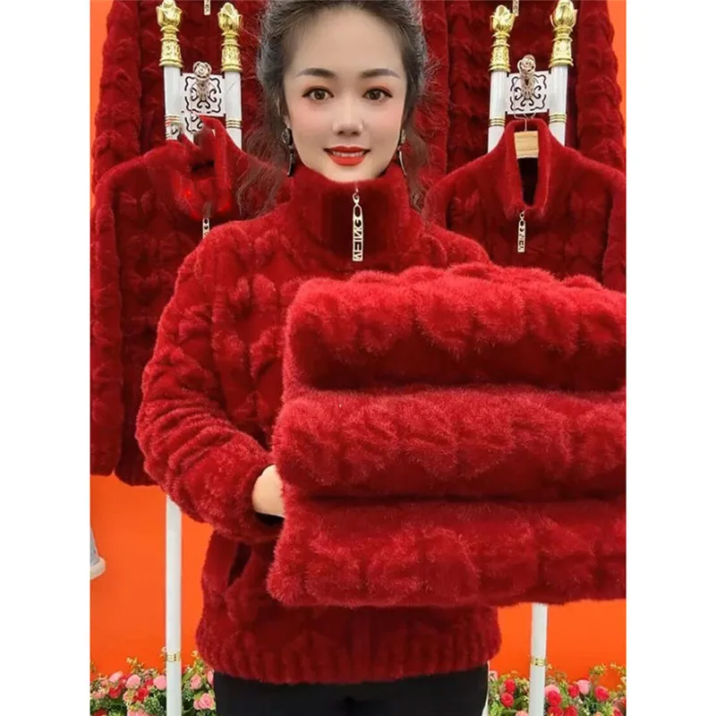 중년 노인 어머니 모조 밍크 벨벳 코트, 두꺼운 스탠드 지퍼 카디건 스웨터, 여성 니트 재킷, 6XL, 가을 겨울