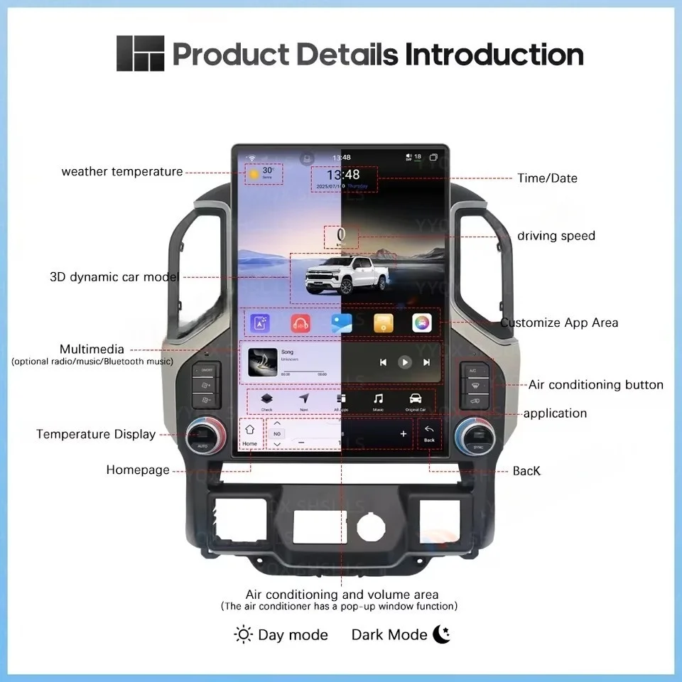 Autoradio Android per Chevrolet Silverado 2019-2023 GMC Sierra 1500 2500 3500 GPS Navigatore Registratore Accessori Auto - immagine 2