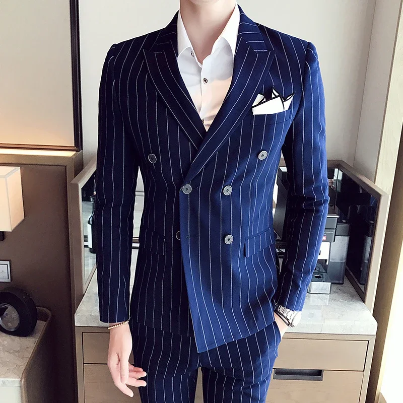 

Blue Pinstripe 2 Piece Jacket Pants Men's Suits Double Breasted Peak Lapel Custom Made Outfits Design Business Costume Homme