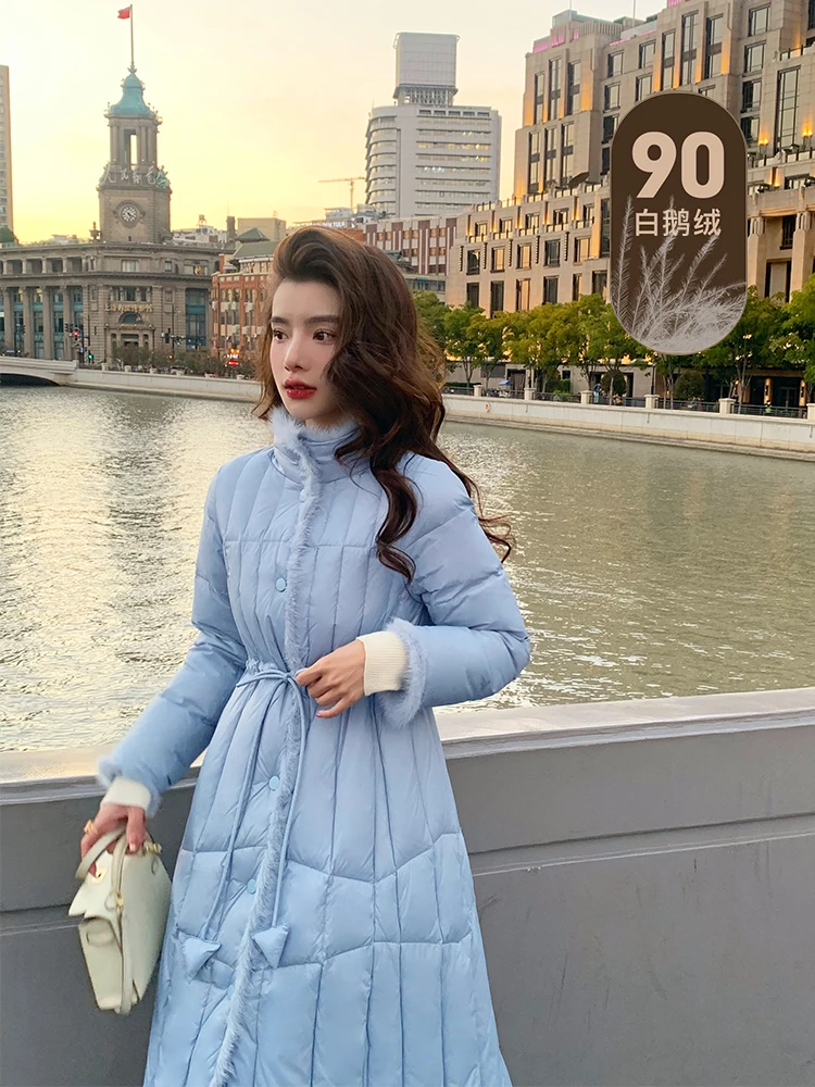 New Chinese Style White Goose down down Jacket Female Retro Waist-Controlled Long below the Knee Winter Clothing Coat