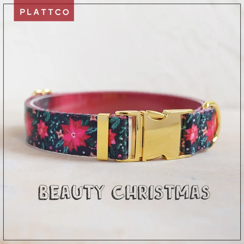 

PLATTCO unique design dog collar print Beauty Christmas pattern and high-quality gold buckle 5 size PDC374YG