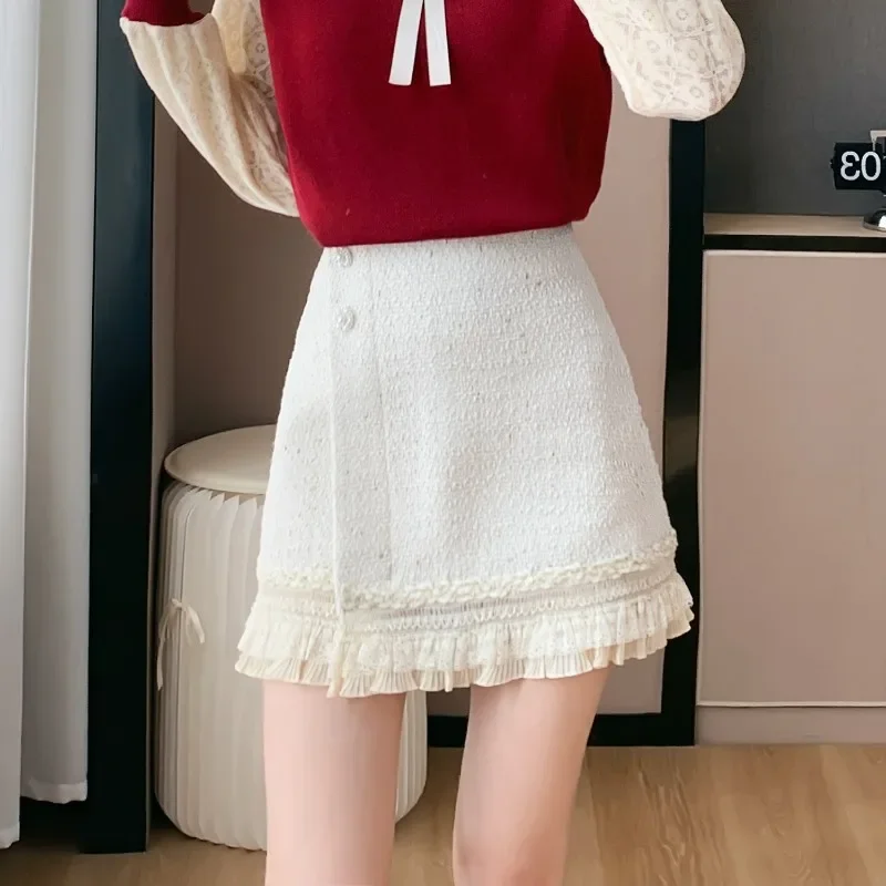 Solid Color Women Skirts Korean Style Autumn and Winter New High Waist A-line Lace Patchwork Versatile Daily Basics Skirt Female monge dog daily line maxi puppy