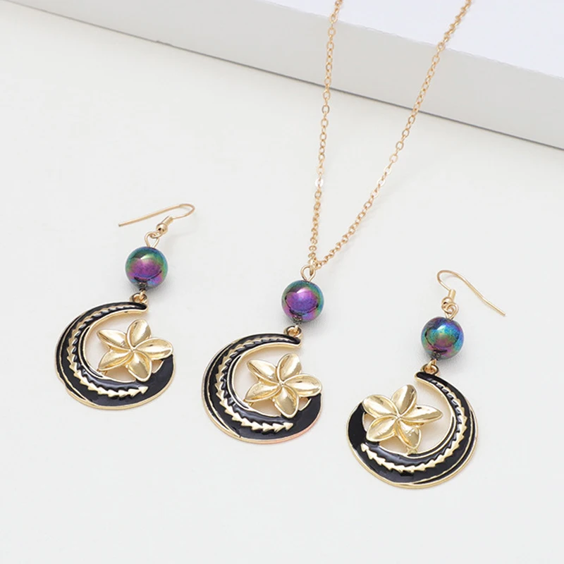 HawaiianPlumeriaFlowerMoonTribalJewelrySetPolynesianTonga