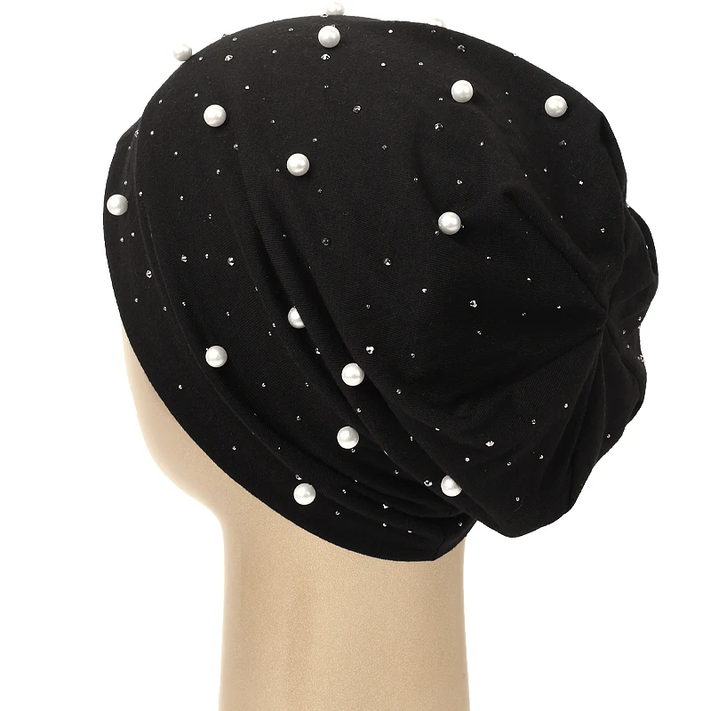 Women Pearl Rhinestones Beanie Headgear Solid Soft Autumn Winter Cap For Female Bonnet Fashion Knitted Autumn Outdoor Beanie 4