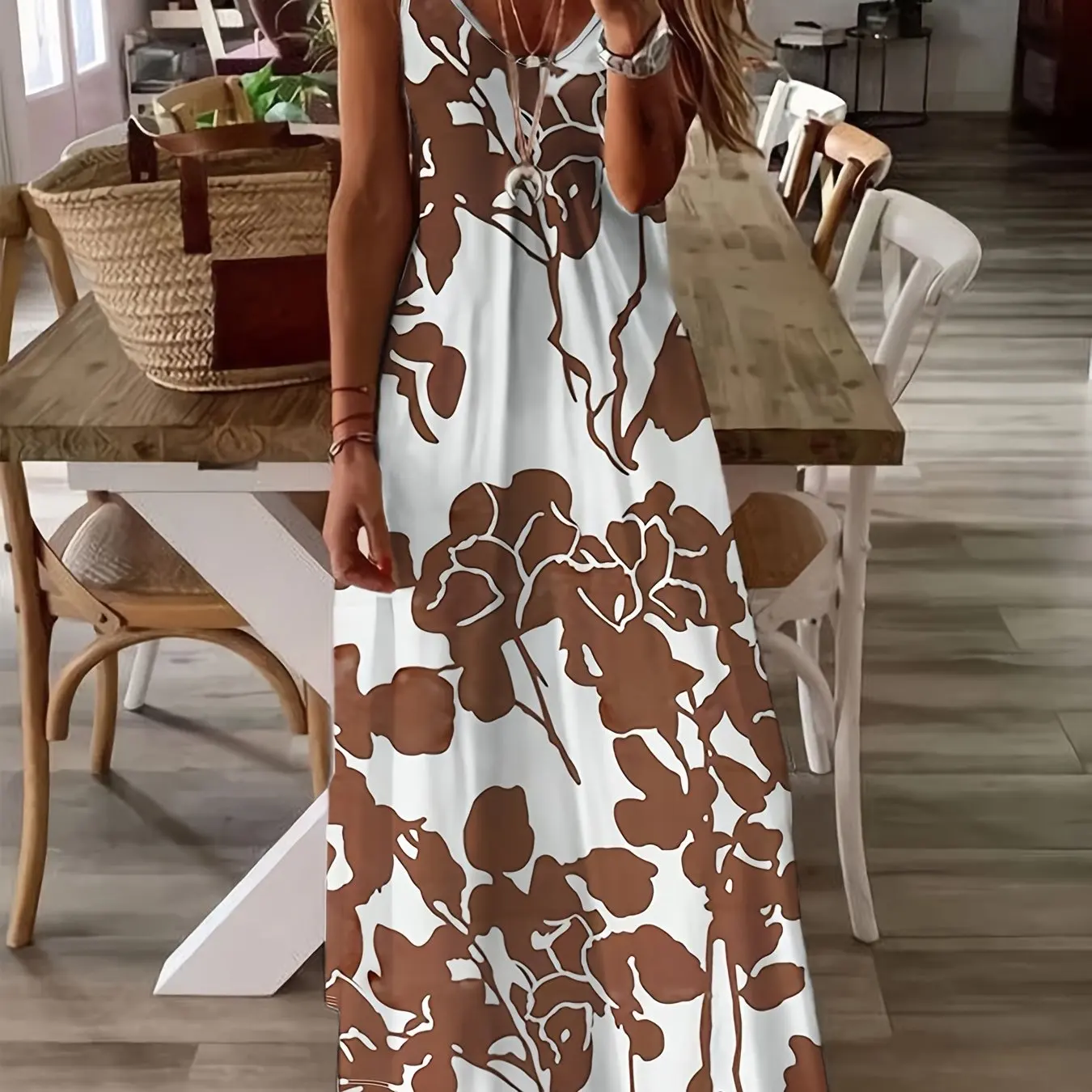 thumbnail image 1 of Vestido de verano para mujer, sencillo, con estampado geométrico, tirantes, informal, estilo playero, estilo balneario, holgado y cómodo, largo., 1 of 5