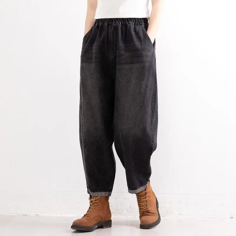 

2023 New Spring and Autumn Fashion Simple Retro Art Elastic Waist Pocket Loose Leisure Oversized Washed Dad Pants for Women