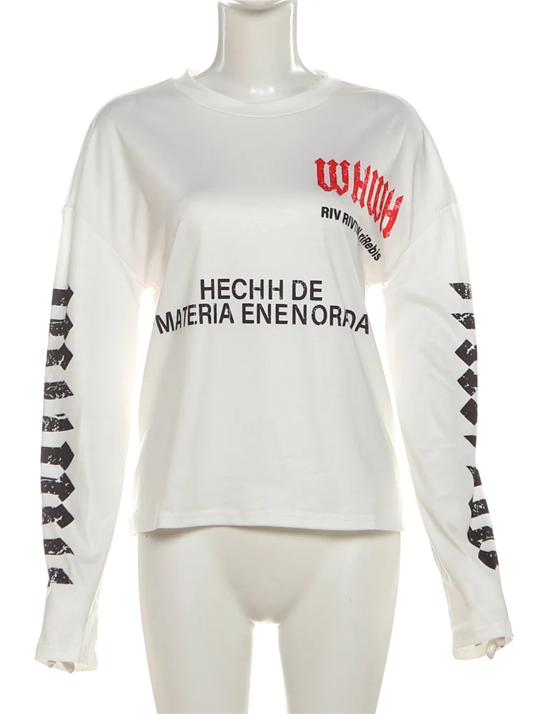 Nibber Sporty Casual Thin T-Shirt Women Autumn Letter Print O-neck Long Sleeve Simple Basic Streetwear Daily Loose Slim Tees