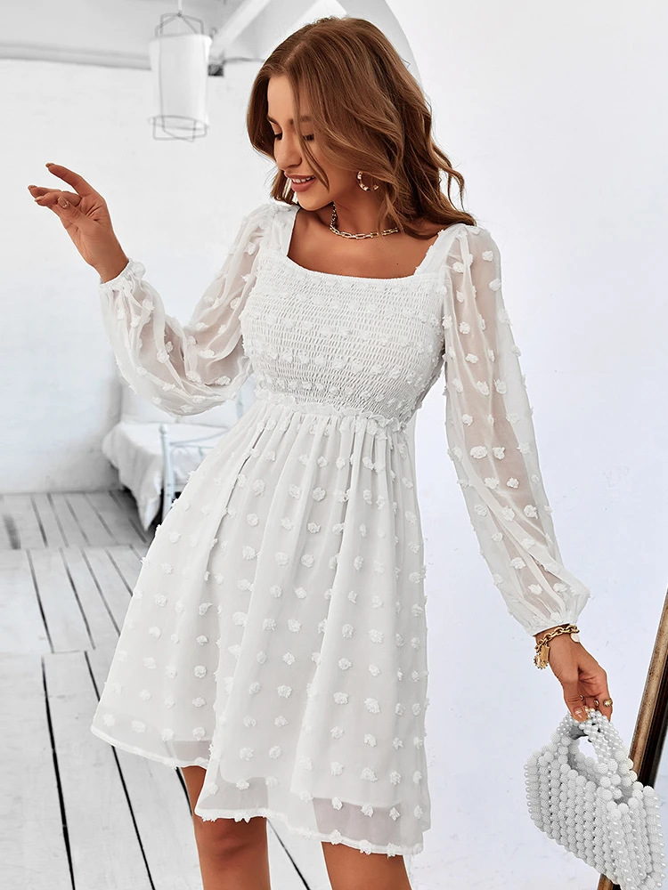 

Long Sleeve Autumn Women Chiffon Backless Elegant Mini Dresses Female Solid Color Square Collar Office Short Dress