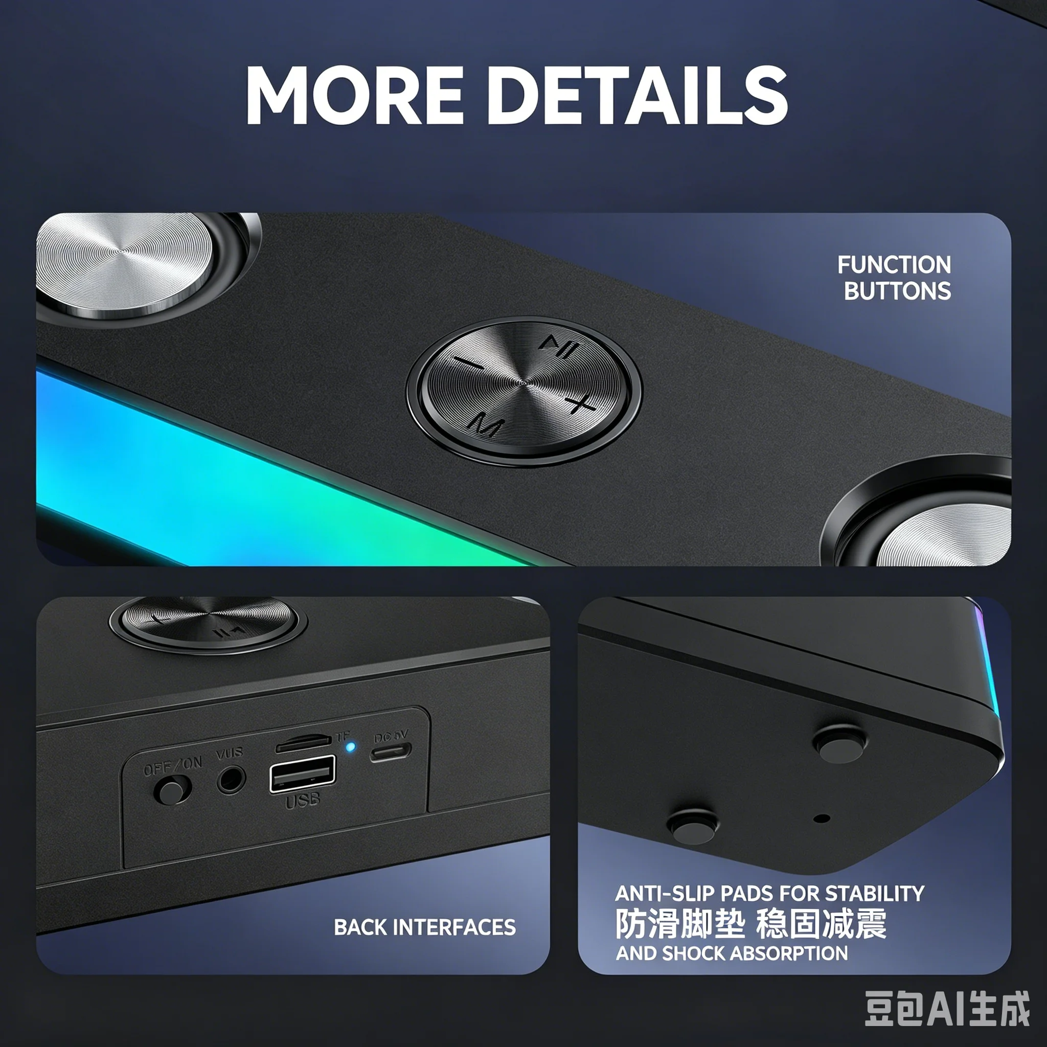 BT535 무선 사운드바 블루투스 스피커 2200mAh RGB 전체 화면 조명 지원 TF USB AUX PC 노트북 게임용 내장 마이크