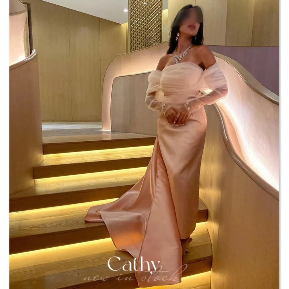 

Cathy Gentle Baby Pink Prom Dress Sexy Off Shoulder Evening Dress Tulle Sleeve فساتين مناسبة رسمية Elegant Mermaid Party Dress