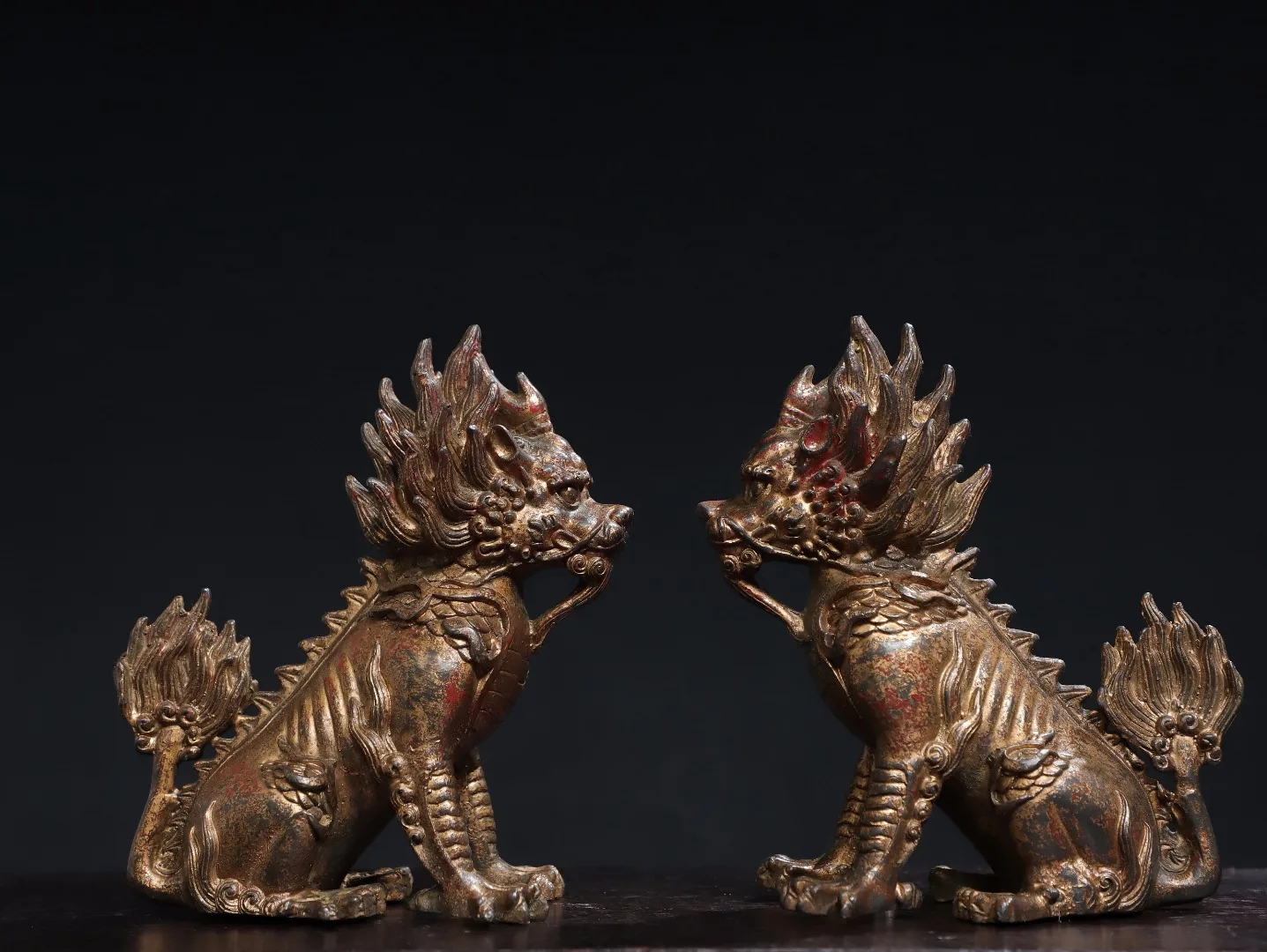 

6"Tibetan Temple Collection Old Bronze Cinnabar Gilt Kylin Unicorn Divine beast A pair Amass wealth Ornaments Town house